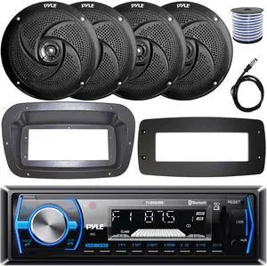 Pyle PLMRB29B Single-DIN Marine Bluetooth USB/AUX MP3 AM/FM In-Dash Stereo Black Receiver W/Install Kit + Adapter Plate, 4x 8'' 320W Max Low Profile 2-Way Boat Black Speakers W/50 Feet Wire, Antenna