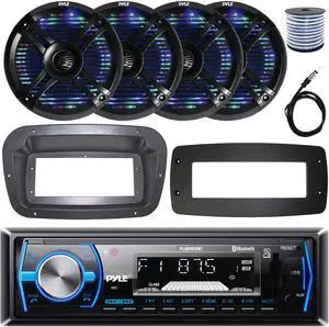 Pyle PLMRB29B Single-DIN Marine Bluetooth USB/AUX MP3 AM/FM In-Dash Stereo Black Receiver W/Install Kit + Adapter Plate, 4x 6.5" 250W Max Power Waterproof Boat RGB LED Black Speakers W/Wire, Antenna