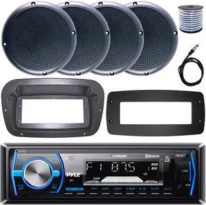 Pyle PLMRB29B Single-DIN Marine Bluetooth USB/AUX MP3 AM/FM In-Dash Stereo Black Receiver W/Install Kit + Adapter Plate, 4x 5.25" 20W RMS Power Polycone Audio Black Boat Speakers W/Wire, 22" Antenna