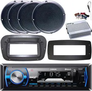 Pyle PLMRB29B Single-DIN Marine Bluetooth USB/AUX MP3 AM/FM In-Dash Stereo Black Receiver W/Install Kit + Adapter Plate, 4x 5.25" 20W RMS Power Polycone Speakers, 4 Channel Amplifier W/Kit, Antenna