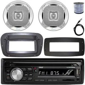 Pyle PLCDBT95 Single-DIN Bluetooth Marine AUX/USB CD Player/MP3 AM/FM In-Dash Stereo Receiver W/Install Kit + Adapter Plate, 2x 5.25" 400W Max Power 2-Way Boat Silver Speakers W/50 Feet Wire, Antenna