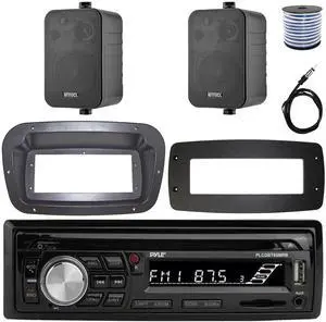 Pyle PLCDBT95 Single-DIN Bluetooth Marine AUX/USB CD Player/MP3 AM/FM In-Dash Stereo Receiver W/Install Kit + Adapter Plate, 2x 4" 30W Max Power 3-Way Indoor/Outdoor Black Speakers W/Wire, Antenna
