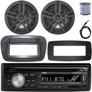 Pyle PLCDBT95 Single-DIN Bluetooth Marine AUX/USB CD Player/MP3 AM/FM In-Dash Stereo Receiver W/Install Kit + Adapter Plate, 2x 6.5" 180W Max Power 2-Way Boat Black Speakers W/50 Feet Wire, Antenna