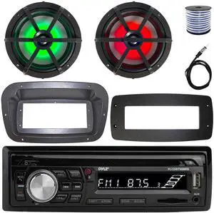 Pyle PLCDBT95 Single-DIN Bluetooth Marine AUX/USB CD Player/MP3 AM/FM In-Dash Stereo Receiver W/Install Kit + Adapter Plate, 2x Enrock 6.5" 120W Max Power RGB LED Coaxial Boat Speakers W/Wire, Antenna