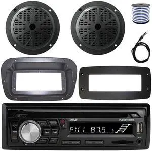 Pyle PLCDBT95 Single-DIN Bluetooth Marine AUX/USB CD Player/MP3 AM/FM In-Dash Stereo Receiver W/Install Kit + Adapter Plate, 2x 5.25'' 100W Max Power 2-Way Full Range Boat Speakers W/Wire, Antenna
