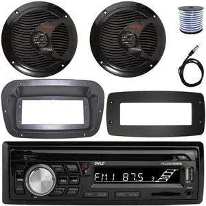 Pyle PLCDBT95 Single-DIN Bluetooth Marine AUX/USB CD Player/MP3 AM/FM In-Dash Stereo Receiver W/Install Kit + Adapter Plate, 2x 6.5" 150W Max Power Full Range Dual Cone Boat Speakers W/Wire, Antenna