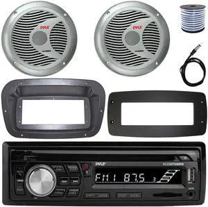 Pyle PLCDBT95 Single-DIN Bluetooth Marine AUX/USB CD Player/MP3 AM/FM In-Dash Stereo Receiver W/Install Kit + Adapter Plate, 2x 6.5'' 150W Max Power 2 Way Boat Silver Speakers W/50 Feet Wire, Antenna