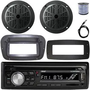 Pyle PLCDBT95 Single-DIN Bluetooth Marine AUX/USB CD Player/MP3 AM/FM In-Dash Stereo Receiver W/Install Kit + Adapter Plate, 2x 6.5'' 120W Max Power Dual Cone Boat Audio Black Speakers W/Wire, Antenna