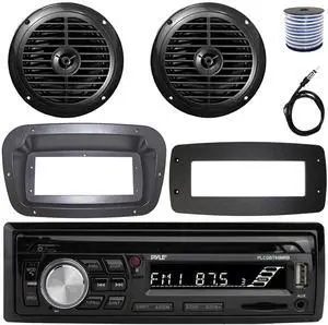 Pyle PLCDBT95 Single-DIN Bluetooth Marine AUX/USB CD Player/MP3 AM/FM In-Dash Stereo Receiver W/Install Kit + Adapter Plate, 2x 6.5'' 120W Max Power Dual Cone Black Speakers W/50 Feet Wire, Antenna