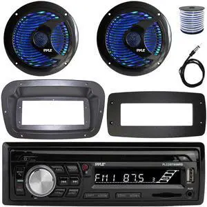 Pyle PLCDBT95 Single-DIN Bluetooth Marine AUX/USB CD Player/MP3 AM/FM In-Dash Stereo Receiver W/Install Kit + Adapter Plate, 2x 6.5'' 150W Max Dual Cone RGB LED Boat Black Speakers W/Wire, Antenna