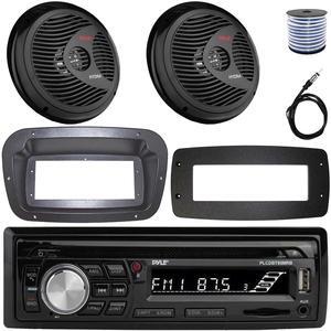 Pyle PLCDBT95 Single-DIN Bluetooth Marine AUX/USB CD Player/MP3 AM/FM In-Dash Stereo Receiver W/Install Kit + Adapter Plate, 2x 8'' 180W Max Power Full Range Boat Black Speakers W/50FT. Wire, Antenna