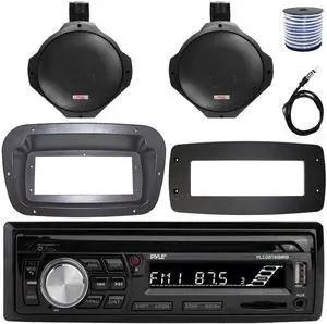 Pyle PLCDBT95 Single-DIN Bluetooth Marine AUX/USB CD Player/MP3 AM/FM In-Dash Stereo Receiver W/Install Kit + Adapter Plate, 2x 6.5" 200W Max Power Water Resistant Wakeboard Speakers W/Wire, Antenna