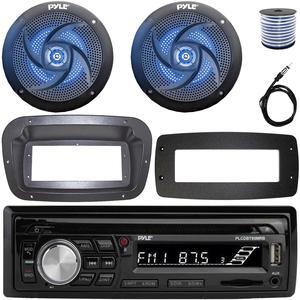 Pyle PLCDBT95 Single-DIN Bluetooth Marine AUX/USB CD Player/MP3 AM/FM In-Dash Stereo Receiver W/Install Kit + Adapter Plate, 2x 4" 100W Max Power 2-Way Low Profile Blue LED Speakers W/Wire, Antenna