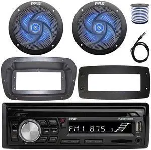 Pyle PLCDBT95 Single-DIN Bluetooth Marine AUX/USB CD Player/MP3 AM/FM In-Dash Stereo Receiver W/Install Kit + Adapter Plate, 2x 5.25" 180W Max Power Low-Profile Blue LED Boat Speakers W/Wire, Antenna