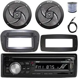 Pyle PLCDBT95 Single-DIN Bluetooth Marine AUX/USB CD Player/MP3 AM/FM In-Dash Stereo Receiver W/Install Kit + Adapter Plate, 2x 5.25" 180W Max Power 2-Way Low Profile Black Speakers W/Wire, Antenna