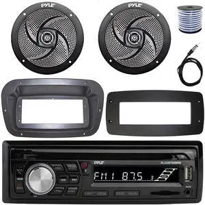 Pyle PLCDBT95 Single-DIN Bluetooth Marine AUX/USB CD Player/MP3 AM/FM In-Dash Stereo Receiver W/Install Kit + Adapter Plate, 2x 6'' 240W Max Power Low Profile 2-Way Boat Black Speakers W/Wire, Antenna