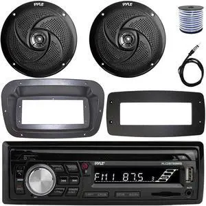 Pyle PLCDBT95 Single-DIN Bluetooth Marine AUX/USB CD Player/MP3 AM/FM In-Dash Stereo Receiver W/Install Kit + Adapter Plate, 2x 8'' 320W Max Power Low Profile 2-Way Boat Black Speakers W/Wire, Antenna