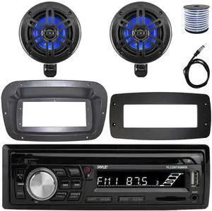 Pyle PLCDBT95 Single-DIN Bluetooth Marine AUX/USB CD Player/MP3 AM/FM In-Dash Stereo Receiver W/Install Kit + Adapter Plate, 2x 4 150W Max Power 2-Way Waterproof Off-Road Speakers W/Wire, Antenna