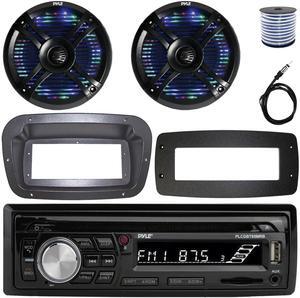 Pyle PLCDBT95 Single-DIN Bluetooth Marine AUX/USB CD Player/MP3 AM/FM In-Dash Stereo Receiver W/Install Kit + Adapter Plate, 2x 6.5" 250W Max Power Waterproof Boat RGB LED Speakers W/Wire, Antenna