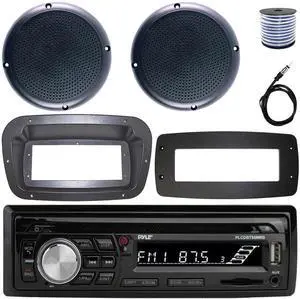 Pyle PLCDBT95 Single-DIN Bluetooth Marine AUX/USB CD Player/MP3 AM/FM In-Dash Stereo Receiver W/Install Kit + Adapter Plate, 2x 5.25" 20W RMS Power Polycone Black Boat Speakers W/50 Feet Wire, Antenna