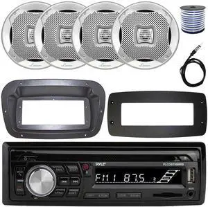 Pyle PLCDBT95 Single-DIN Bluetooth Marine AUX/USB CD Player/MP3 AM/FM In-Dash Stereo Receiver W/Install Kit + Adapter Plate, 4x 5.25" 400W Max Power 2-Way Boat Silver Speakers W/50 Feet Wire, Antenna
