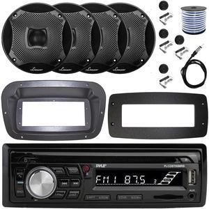 Pyle PLCDBT95 Single-DIN Bluetooth Marine AUX/USB CD Player/MP3 AM/FM In-Dash Stereo Receiver W/Install Kit + Adapter Plate, 4x 6.5" 450W Max Power 2-Way Component Black Boat Speakers W/Wire, Antenna
