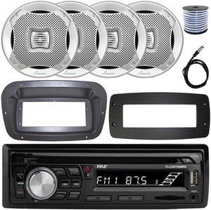 Pyle PLCDBT95 Single-DIN Bluetooth Marine AUX/USB CD Player/MP3 AM/FM In-Dash Stereo Receiver W/Install Kit + Adapter Plate, 4x 6.5" 400W Max Power 2-Way Water-Resistant Boat Speakers W/Wire, Antenna