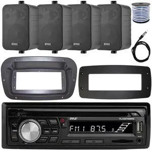 Pyle PLCDBT95 Single-DIN Bluetooth Marine AUX/USB CD Player/MP3 AM/FM In-Dash Stereo Receiver W/Install Kit + Adapter Plate, 4x 4" 30W Max Power 3-Way Indoor/Outdoor Black Speakers W/Wire, Antenna