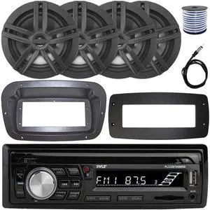 Pyle PLCDBT95 Single-DIN Bluetooth Marine AUX/USB CD Player/MP3 AM/FM In-Dash Stereo Receiver W/Install Kit + Adapter Plate, 4x 6.5" 180W Max Power 2-Way Boat Black Speakers W/50 Feet Wire, Antenna