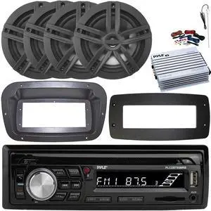 Pyle PLCDBT95 Single-DIN Bluetooth Marine AUX/USB CD Player/MP3 AM/FM In-Dash Stereo Receiver W/Install Kit + Adapter Plate, 4x 6.5" 180W Max Power 2-Way Speakers, 4 Channel Amplifier W/Kit, Antenna