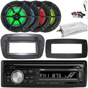 Pyle PLCDBT95 Single-DIN Bluetooth Marine AUX/USB CD Player/MP3 AM/FM In-Dash Stereo Receiver W/Install Kit + Adapter Plate, 4x 6.5" 120W Max RGB LED Boat Speakers, 4 Channel Amplifier W/Kit, Antenna