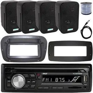 Pyle PLCDBT95 Single-DIN Bluetooth Marine AUX/USB CD Player/MP3 AM/FM In-Dash Stereo Receiver W/Install Kit + Adapter Plate, 4x 3.5" 300W Max Power Indoor/Outdoor Black Speakers W/50FT. Wire, Antenna