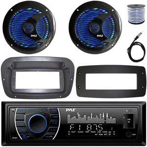 Pyle PLRMR27BTB Single-DIN Marine Bluetooth USB/AUX MP3 AM/FM Radio Stereo Receiver W/Install Kit + Adapter Plate, 2x 6.5'' 150W Max Dual Cone RGB LED Boat Black Speakers W/50 Feet Wire, Radio Antenna