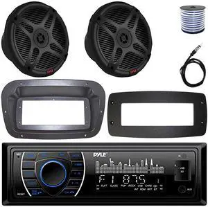 Pyle PLRMR27BTB Single-DIN Marine Bluetooth USB/AUX MP3 AM/FM Radio Stereo Receiver W/Install Kit + Adapter Plate, 2x 6.5" 600W Max Power 2-Way Coaxial Component Speakers W/50 Feet Wire, 22" Antenna