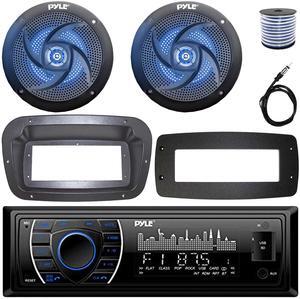 Pyle PLRMR27BTB Single-DIN Marine Bluetooth USB/AUX MP3 AM/FM Radio Stereo Receiver W/Install Kit + Adapter Plate, 2x 4" 100W Max Power 2-Way Low Profile Blue LED Speakers W/50 Feet Wire, 22" Antenna