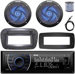 Pyle PLRMR27BTB Single-DIN Marine Bluetooth USB/AUX MP3 AM/FM Radio Stereo Receiver W/Install Kit + Adapter Plate, 2x 5.25" 180W Max Power Low-Profile Blue LED Speakers W/50 Feet Wire, Radio Antenna