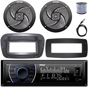 Pyle PLRMR27BTB Single-DIN Marine Bluetooth USB/AUX MP3 AM/FM Radio Stereo Receiver W/Install Kit + Adapter Plate, 2x 5.25" 180W Max Power 2-Way Low Profile Black Speakers W/50 Feet Wire, 22" Antenna