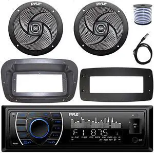 Pyle PLRMR27BTB Single-DIN Marine Bluetooth USB/AUX MP3 AM/FM Radio Stereo Receiver W/Install Kit + Adapter Plate, 2x 6'' 240W Max Power Low Profile 2-Way Black Speakers W/50 Feet Wire, Radio Antenna