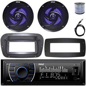 Pyle PLRMR27BTB Single-DIN Marine Bluetooth USB/AUX MP3 AM/FM Radio Stereo Receiver W/Install Kit + Adapter Plate, 2x 8'' 320W Max Power Low Profile 2-Way Blue LED Speakers W/50 Feet Wire, 22" Antenna