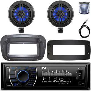 Pyle PLRMR27BTB Single-DIN Marine Bluetooth USB/AUX MP3 AM/FM Radio Stereo Receiver W/Install Kit + Adapter Plate, 2x 4 150W Max Power 2-Way Waterproof Off-Road Black Speakers W/50 FT. Wire, Antenna