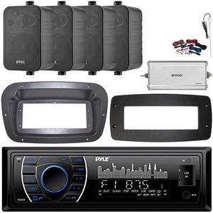 Pyle PLRMR27BTB Single-DIN Marine Bluetooth USB/AUX MP3 AM/FM Radio Stereo Receiver W/Install Kit + Adapter Plate, 4x 4" 30W Max Power 3-Way Indoor/Outdoor Speakers, 4-Channel Amplifier W/Kit, Antenna