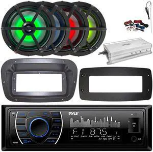 Pyle PLRMR27BTB Single-DIN Marine Bluetooth USB/AUX MP3 AM/FM Radio Stereo Receiver W/Install Kit + Adapter Plate, 4x 6.5" 120W Max Power RGB LED Boat Speakers, 4 Channel Amplifier W/Kit, Antenna