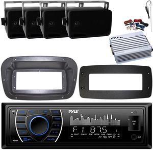 Pyle PLRMR27BTB Single-DIN Marine Bluetooth USB/AUX MP3 AM/FM Radio Stereo Receiver W/Install Kit + Adapter Plate, 4x 3.5'' 200W Max 3-Way Indoor/Outdoor Speakers, 4 Channel Amplifier W/Kit, Antenna