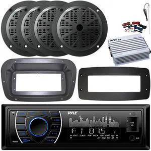 Pyle PLRMR27BTB Single-DIN Marine Bluetooth USB/AUX MP3 AM/FM Radio Stereo Receiver W/Install Kit + Adapter Plate, 4x 5.25'' 100W Max Power Full Range Boat Speakers, 4 Channel Amplifier W/Kit, Antenna