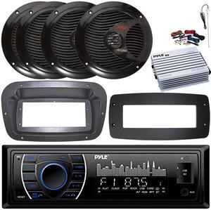 Pyle PLRMR27BTB Single-DIN Marine Bluetooth USB/AUX MP3 AM/FM Radio Stereo Receiver W/Install Kit + Adapter Plate, 4x 6.5" 150W Max Dual Cone Full Range Speakers, 4 Channel Amplifier W/Kit, Antenna