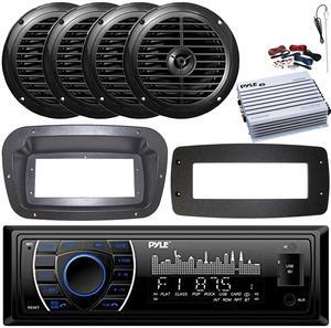 Pyle PLRMR27BTB Single-DIN Marine Bluetooth USB/AUX MP3 AM/FM Radio Stereo Receiver W/Install Kit + Adapter Plate, 4x 6.5'' 120W Max Dual Cone Waterproof Speakers, 4 Channel Amplifier W/Kit, Antenna