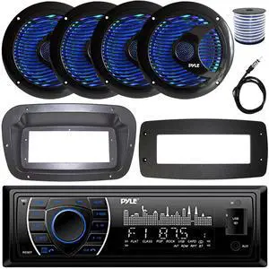 Pyle PLRMR27BTB Single-DIN Marine Bluetooth USB/AUX MP3 AM/FM Radio Stereo Receiver W/Install Kit + Adapter Plate, 4x 6.5'' 150W Max Dual Cone RGB LED Boat Black Speakers W/50 Feet Wire, Radio Antenna