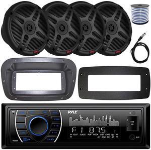 Pyle PLRMR27BTB Single-DIN Marine Bluetooth USB/AUX MP3 AM/FM Radio Stereo Receiver W/Install Kit + Adapter Plate, 4x 6.5" 600W Max Power 2-Way Coaxial Component Speakers W/50 Feet Wire, 22" Antenna