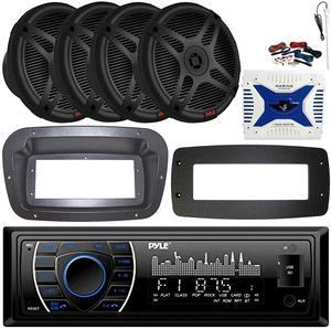 Pyle PLRMR27BTB Single-DIN Marine Bluetooth USB/AUX MP3 AM/FM Radio Stereo Receiver W/Install Kit + Adapter Plate, 4x 6.5" 600W Max Power 2-Way Component Speakers, 4 Channel Amplifier W/Kit, Antenna
