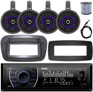 Pyle PLRMR27BTB Single-DIN Marine Bluetooth USB/AUX MP3 AM/FM Radio Stereo Receiver W/Install Kit + Adapter Plate, 4x 4" 300W Max Power Wakeboard LED Tower Black Speakers W/50 Feet Wire, Radio Antenna